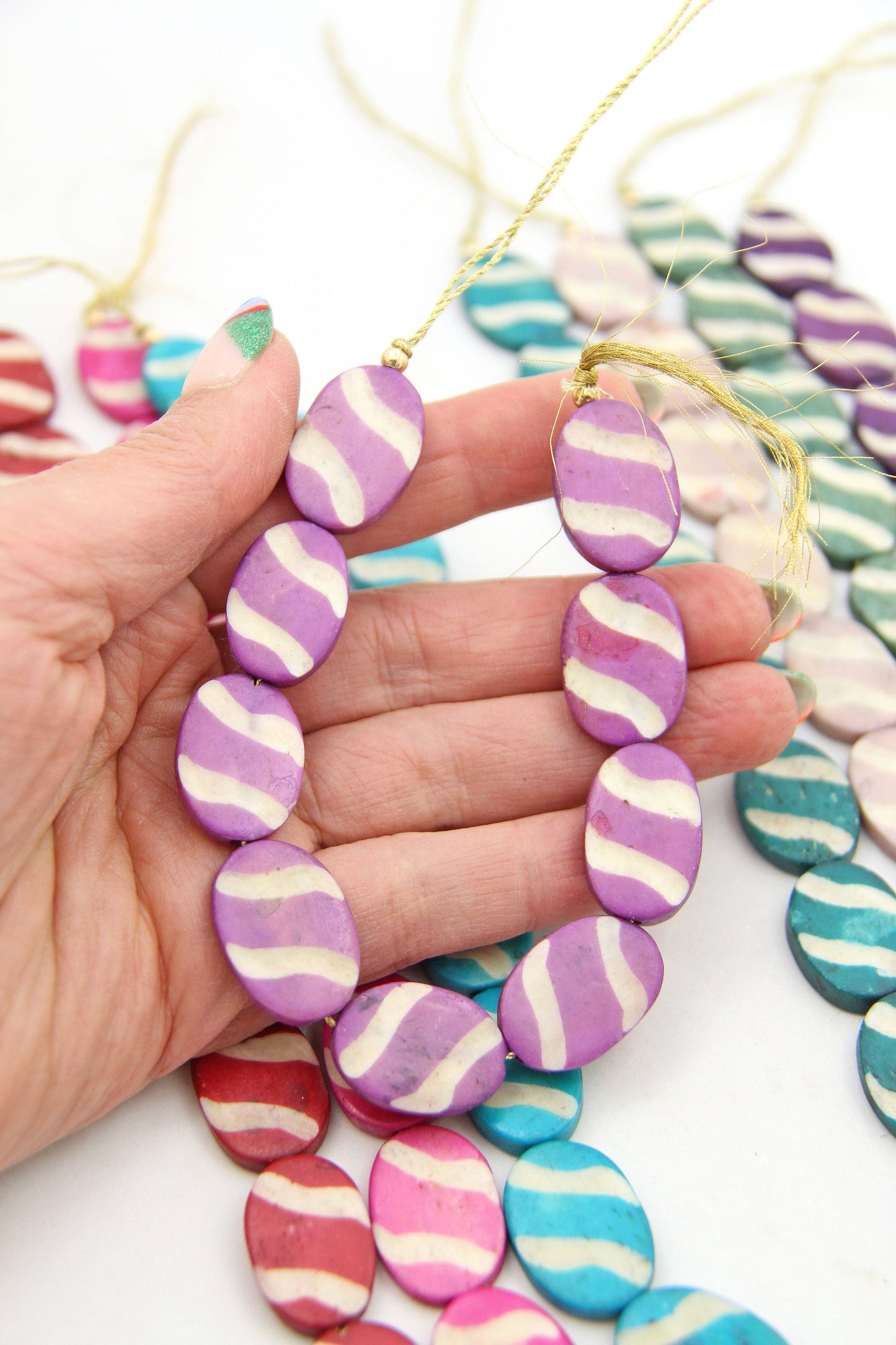 Carved Stripe Flat Oval Bone Beads, 17x24mm, 9 Easter Egg Beads