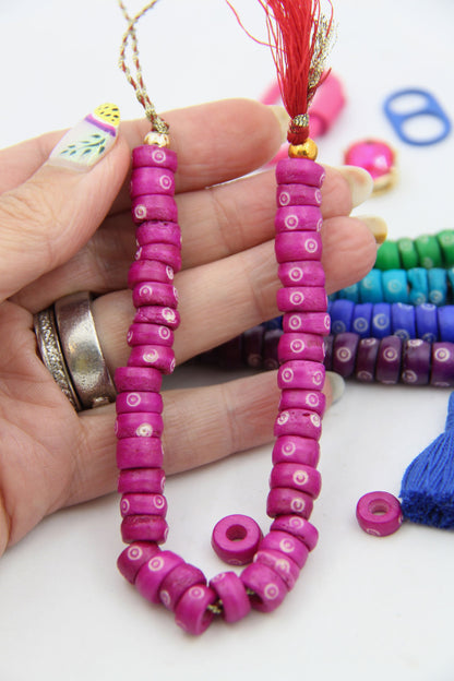 Bold & Bright Rondelle Bone Beads: Bullseye Hand Carved Pattern, 9x5mm, 40 beads