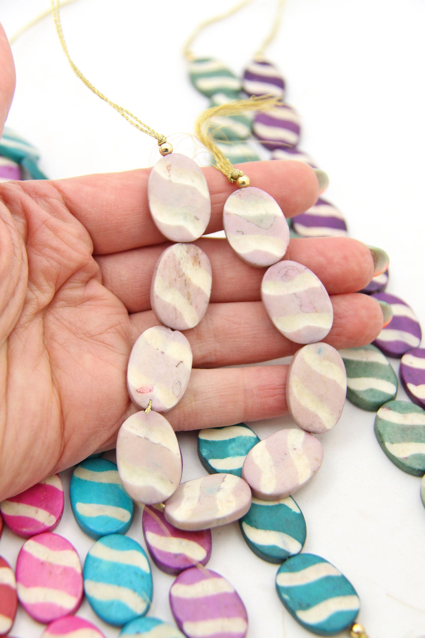 Carved Stripe Flat Oval Bone Beads, 17x24mm, 9 Easter Egg Beads