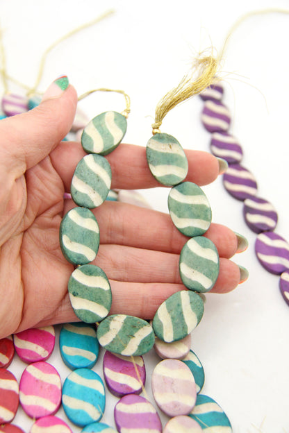 Carved Stripe Flat Oval Bone Beads, 17x24mm, 9 Easter Egg Beads