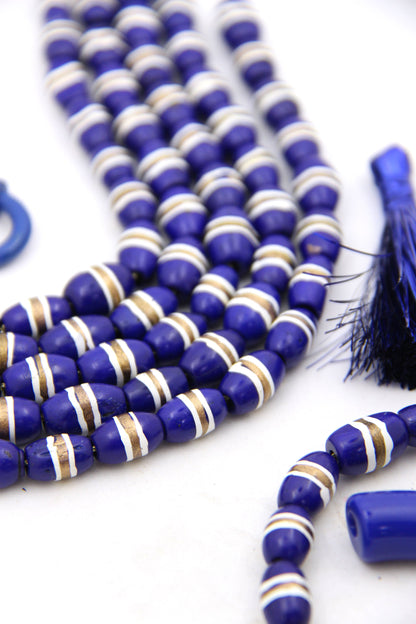 Bone Beads: Navy Barrel Tube Beads w/ White & Gold Stripes, 7x12mm