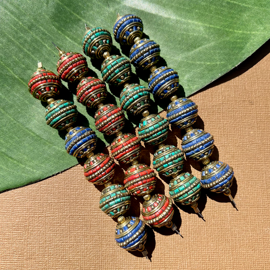 Tibetan Brass & Stone Round Beads - 2 Pieces