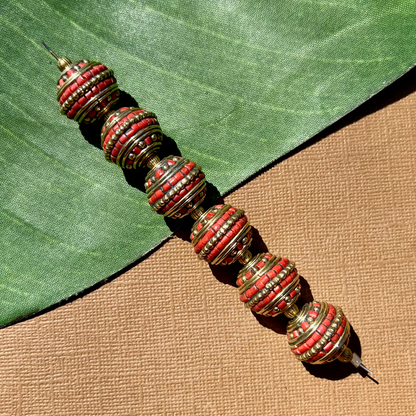 Tibetan Brass & Stone Round Beads - 2 Pieces
