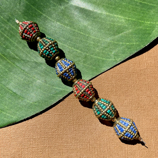 Tibetan Brass & Stone Bi-Cone Beads - 2 Pieces
