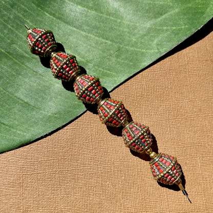 Tibetan Brass & Stone Bi-Cone Beads - 2 Pieces