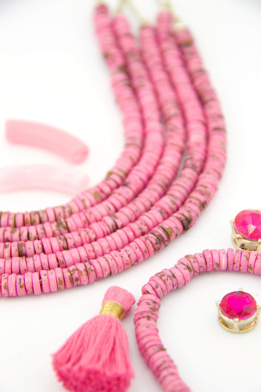 7mm Pink Speckled Bone Beads, Valentine's Day Beads, 100 beads, Heishi Discs