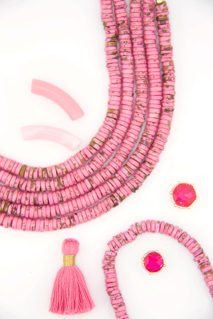 7mm Pink Speckled Bone Beads, Valentine's Day Beads, 100 beads, Heishi Discs