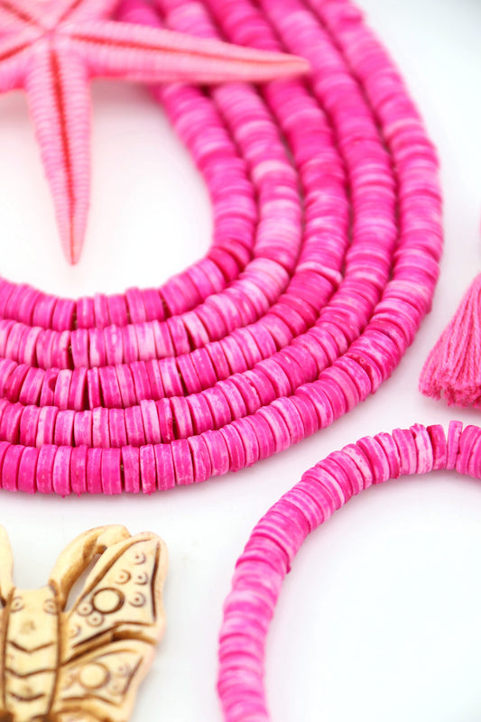 Bright Pink Bone Heishi Disc Beads, 7mm, 100+ beads