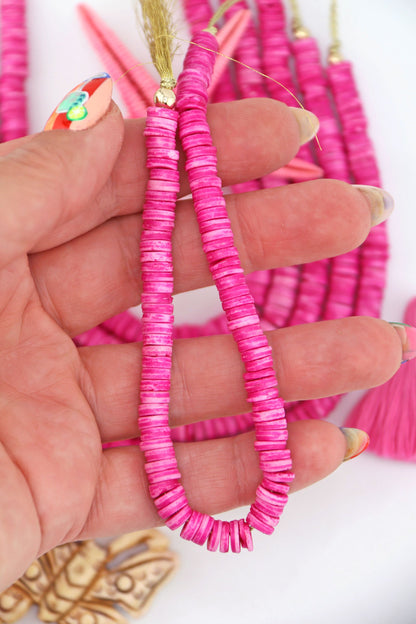 Bright Pink Bone Heishi Disc Beads, 7mm, 100+ beads