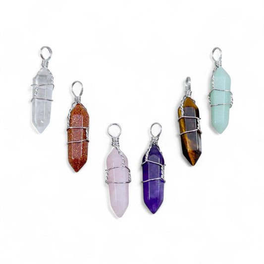 Gemstone Double Point Wire Wrapped Pendant (9-10x38-39mm) Amethyst, Crystal Quartz, Green Aventurine, Gold Sandstone, Onyx, Rose Quartz, Tiger Eye