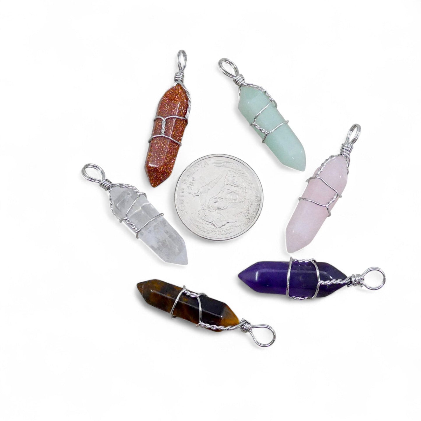 Gemstone Double Point Wire Wrapped Pendant (9-10x38-39mm) Amethyst, Crystal Quartz, Green Aventurine, Gold Sandstone, Obsidian, Rose Quartz, Tiger Eye