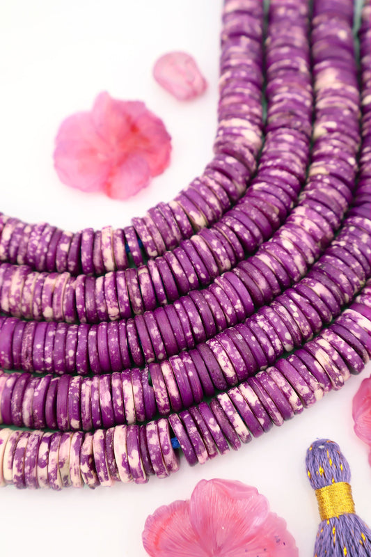 12mm Heishi Purple & White Speckled Bone Beads: Disc Spacers, 85 beads