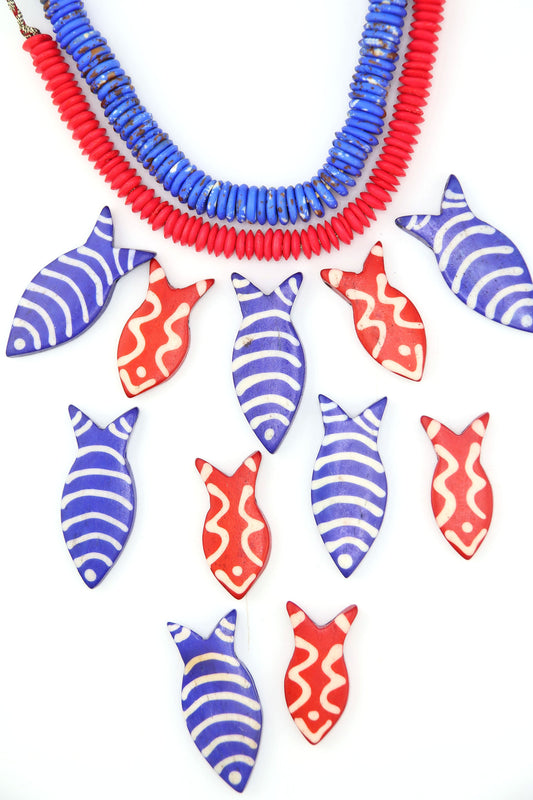 Red & White Striped Fish Pendant: Hand Carved Bone, 1.5", 3 Charms