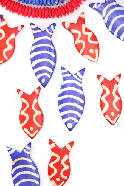 Red & White Striped Fish Pendant: Hand Carved Bone, 1.5", 3 Charms