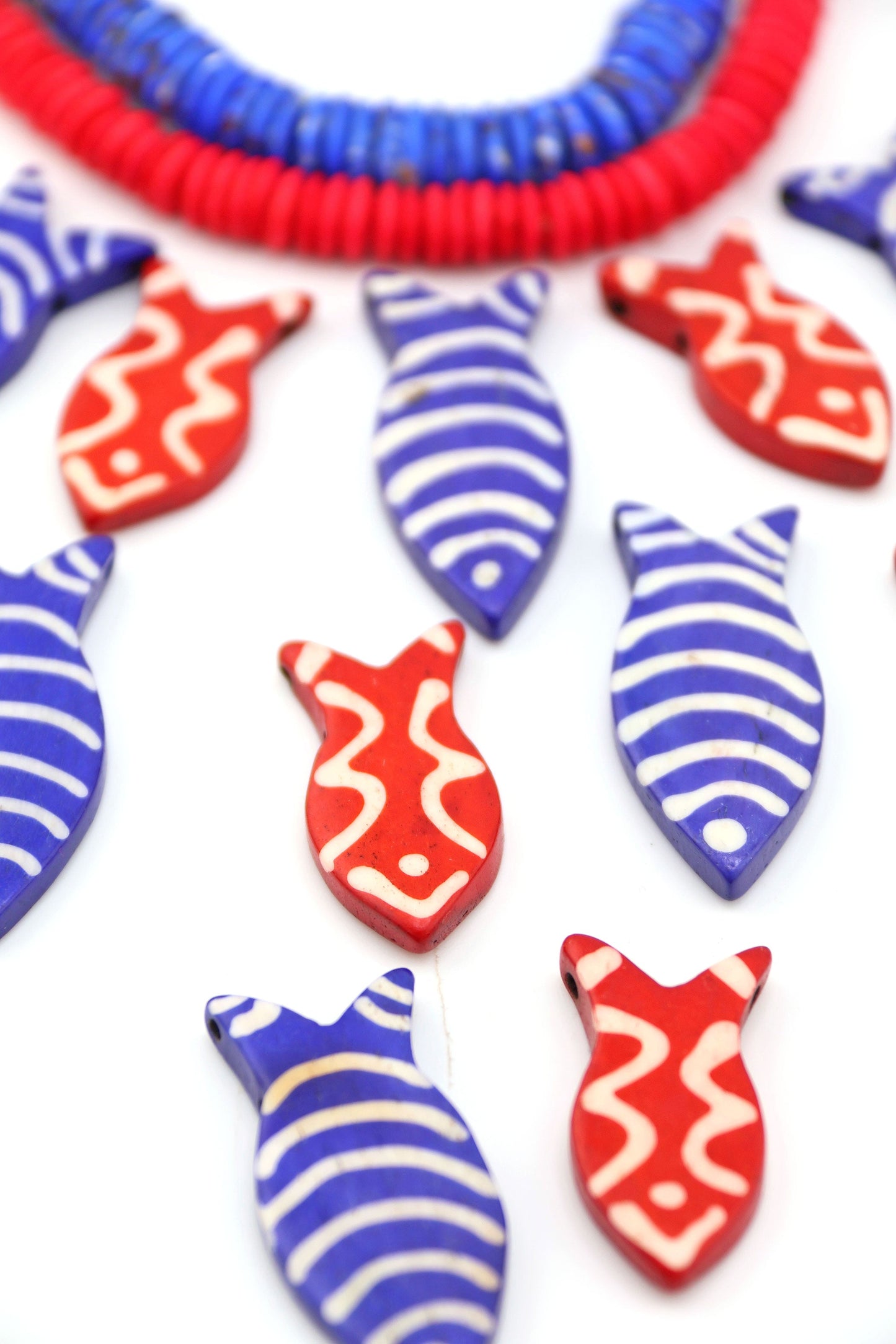 Red & White Striped Fish Pendant: Hand Carved Bone, 1.5", 3 Charms