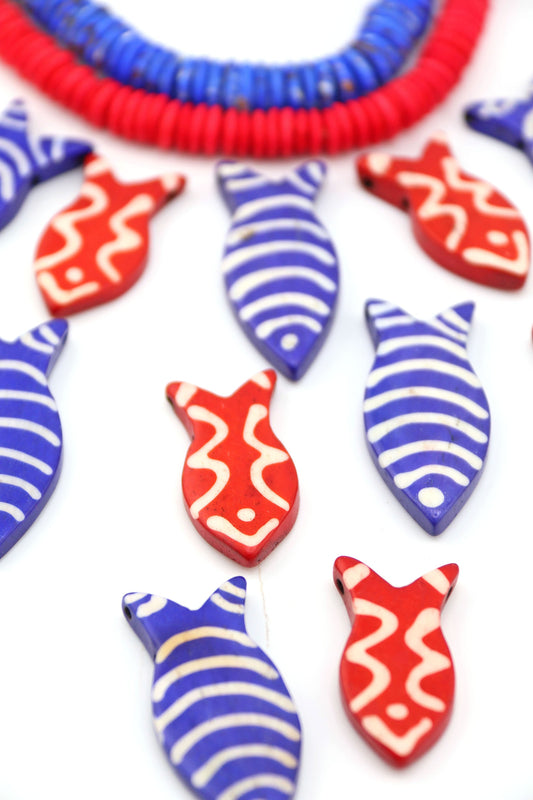 Red & White Striped Fish Pendant: Hand Carved Bone, 1.5", 3 Charms