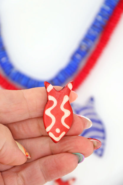 Red & White Striped Fish Pendant: Hand Carved Bone, 1.5", 3 Charms