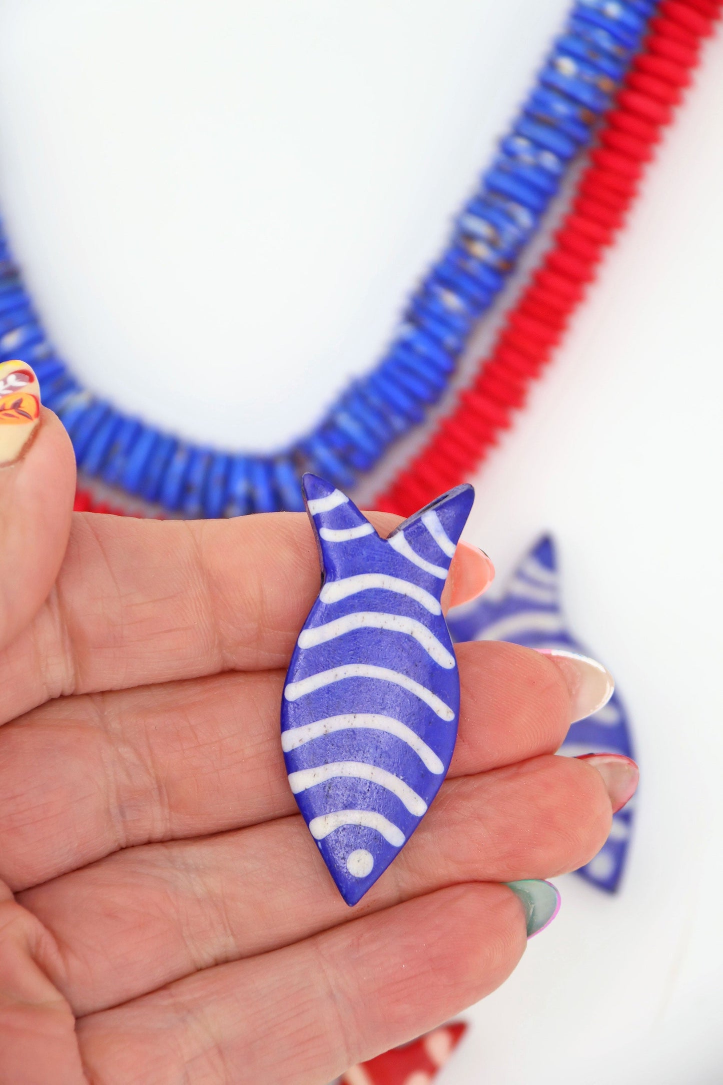 Red & White Striped Fish Pendant: Hand Carved Bone, 1.5", 3 Charms