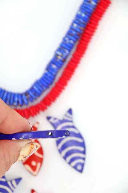Red & White Striped Fish Pendant: Hand Carved Bone, 1.5", 3 Charms
