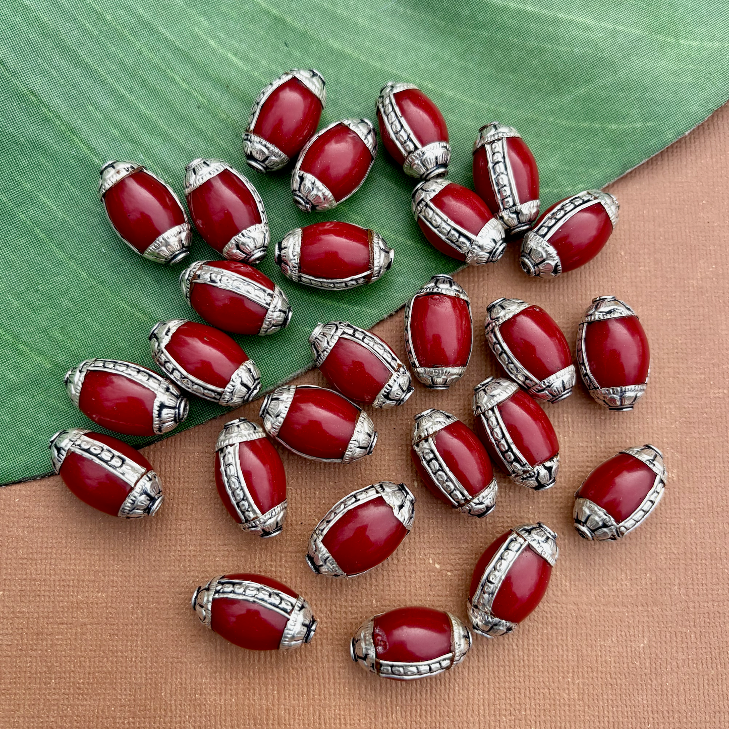 Red Resin & White Metal Oval Beads