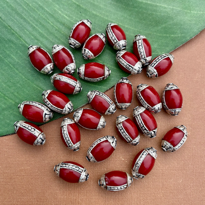 Red Resin & White Metal Oval Beads