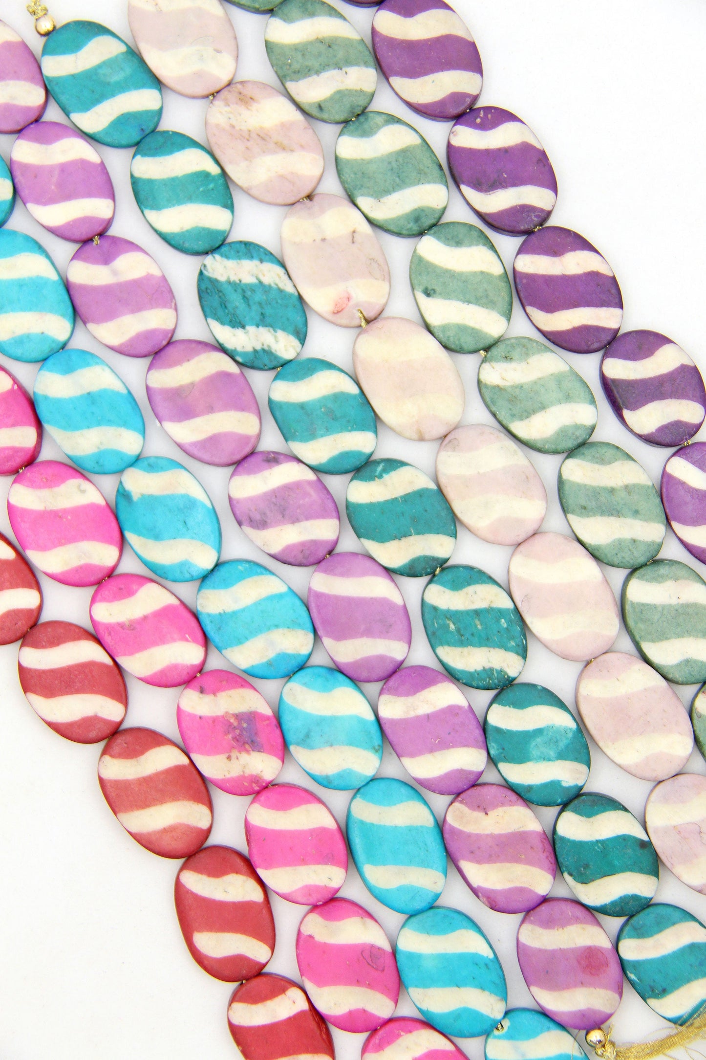 Carved Stripe Flat Oval Bone Beads, 17x24mm, 9 Easter Egg Beads