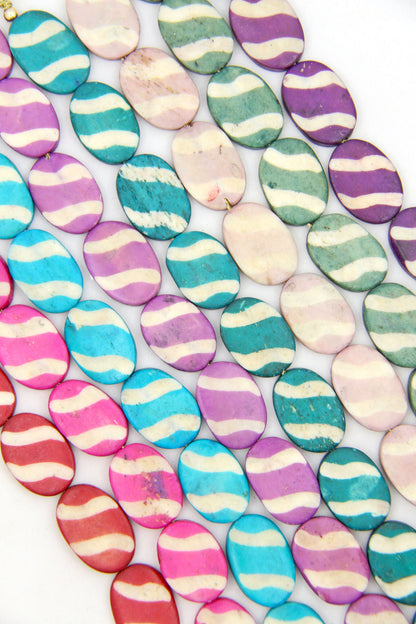 Carved Stripe Flat Oval Bone Beads, 17x24mm, 9 Easter Egg Beads