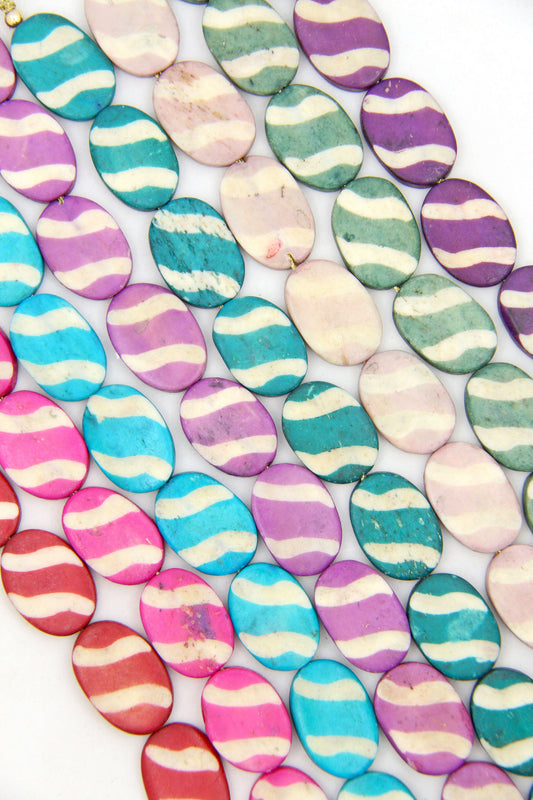 Carved Stripe Flat Oval Bone Beads, 17x24mm, 9 Easter Egg Beads