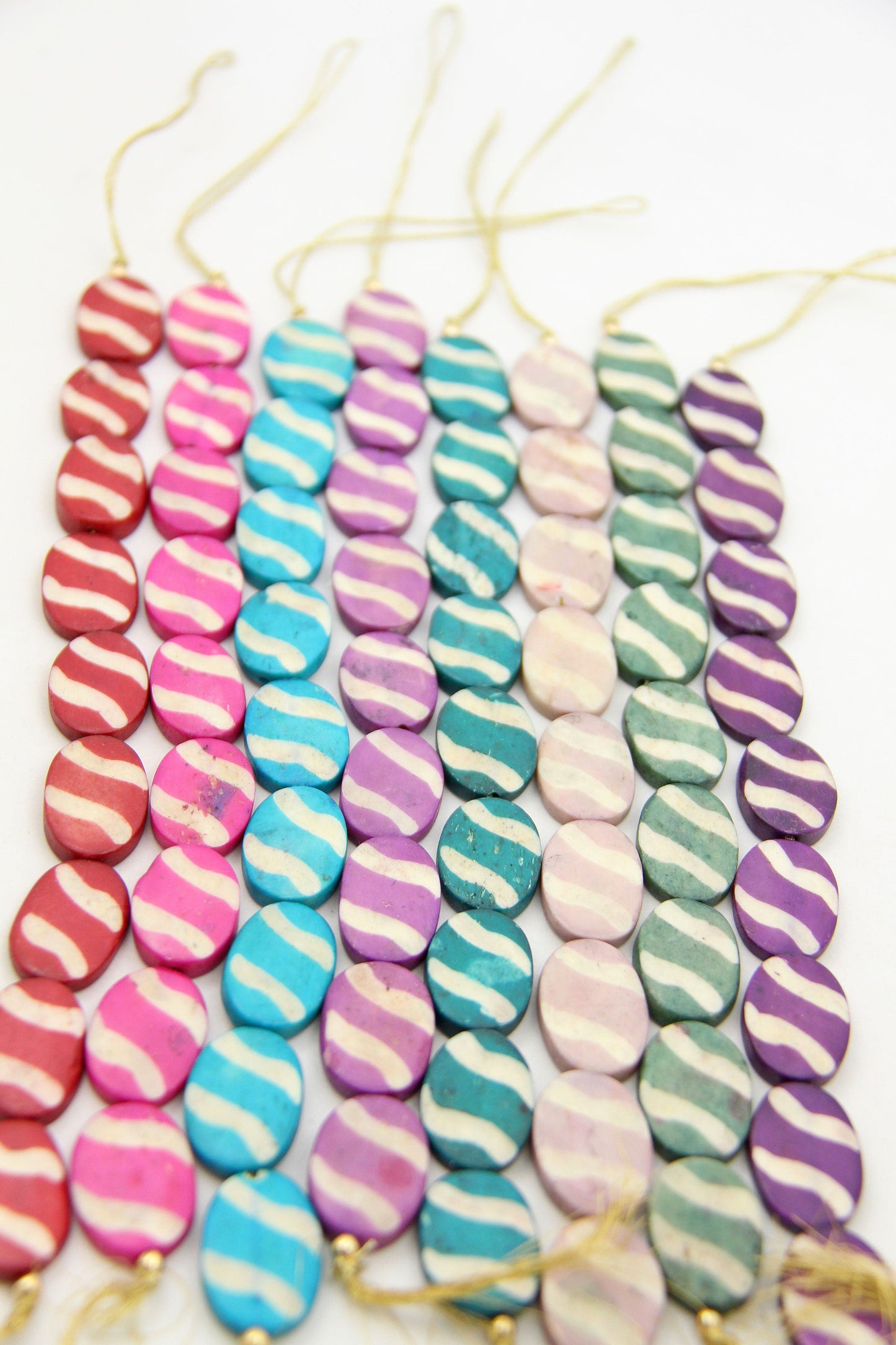 Carved Stripe Flat Oval Bone Beads, 17x24mm, 9 Easter Egg Beads