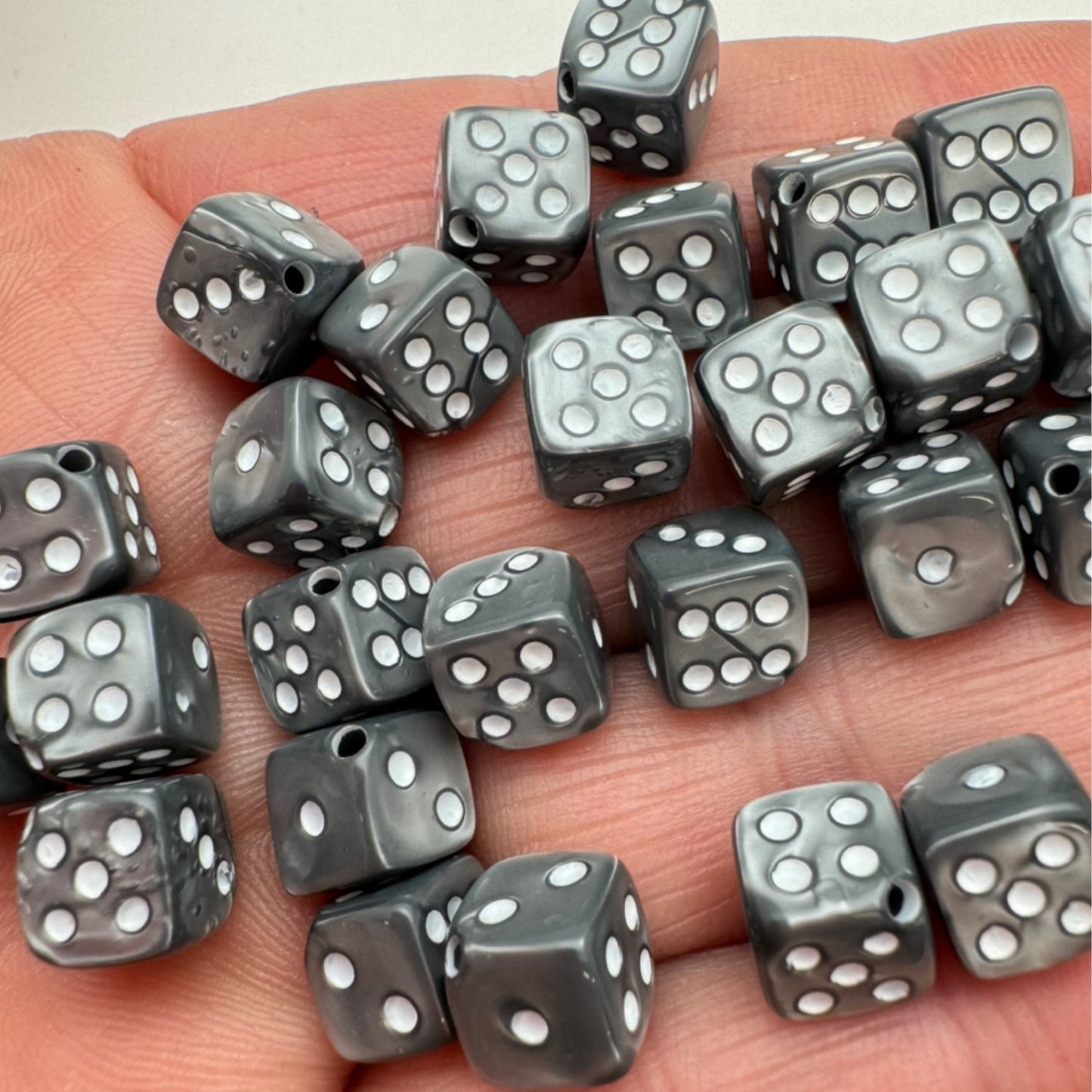 Dice Bead 9mm Pewter Pearl with white