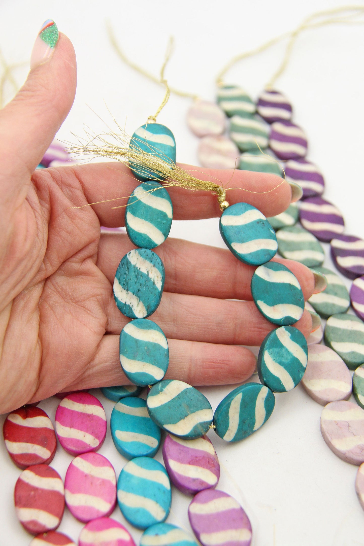 Carved Stripe Flat Oval Bone Beads, 17x24mm, 9 Easter Egg Beads