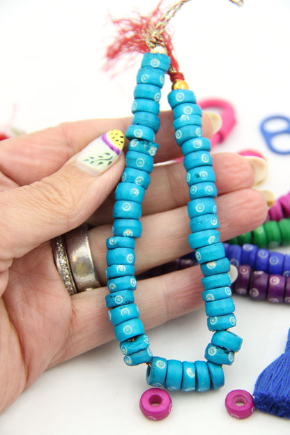 Bold & Bright Rondelle Bone Beads: Bullseye Hand Carved Pattern, 9x5mm, 40 beads