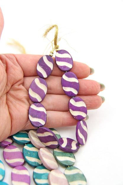 Carved Stripe Flat Oval Bone Beads, 17x24mm, 9 Easter Egg Beads
