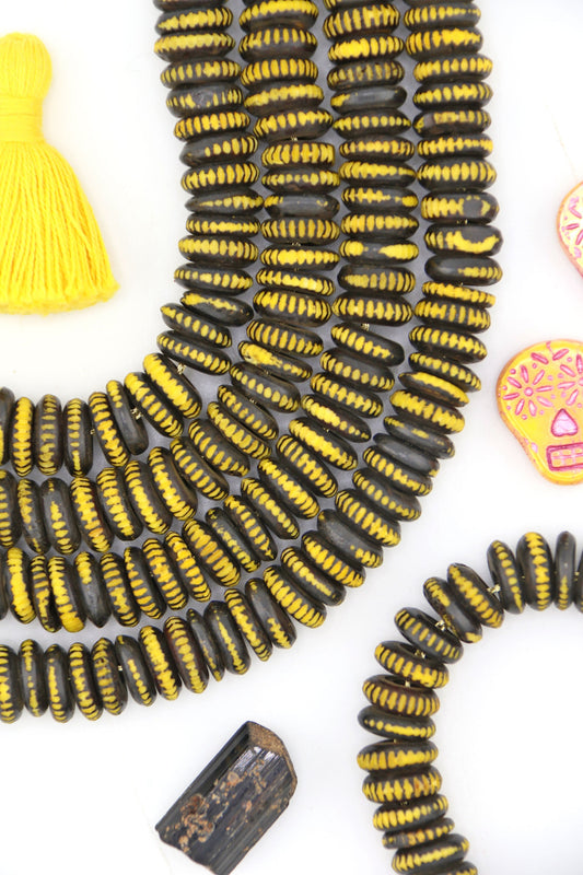 Black & Yellow Carved Rondelle Bone Beads, 10mm, for Halloween & Fall Crafts