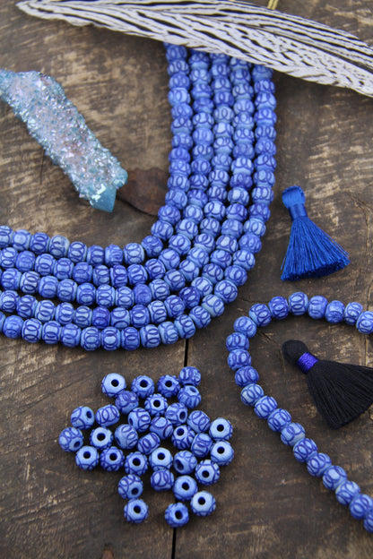 Blue Handmade Carved Rondelle Bone Beads, 8x7mm Spacer Beads