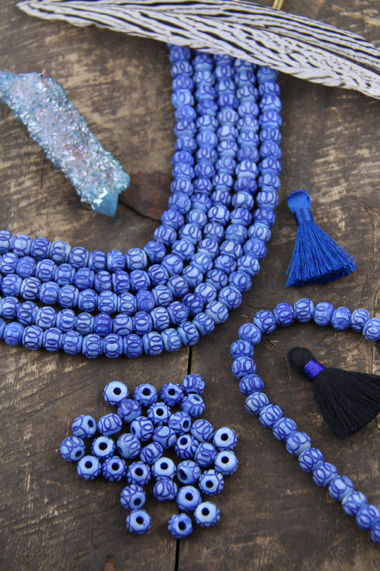 Blue Handmade Carved Rondelle Bone Beads, 8x7mm Spacer Beads