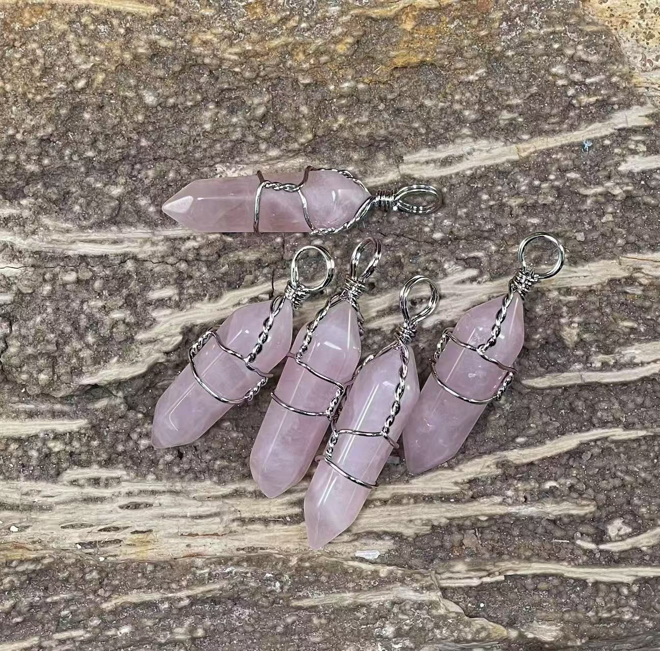 Gemstone Double Point Wire Wrapped Pendant (9-10x38-39mm) Amethyst, Crystal Quartz, Green Aventurine, Gold Sandstone, Obsidian, Rose Quartz, Tiger Eye