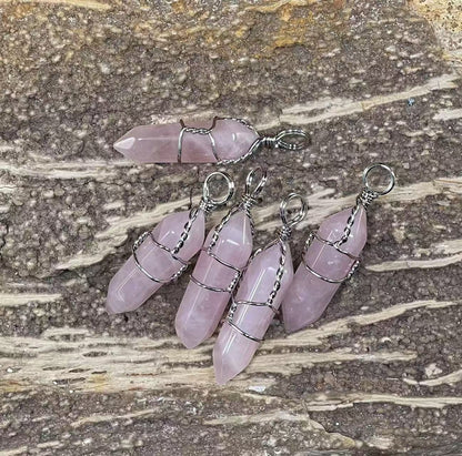 Gemstone Double Point Wire Wrapped Pendant (9-10x38-39mm) Amethyst, Crystal Quartz, Green Aventurine, Gold Sandstone, Obsidian, Rose Quartz, Tiger Eye