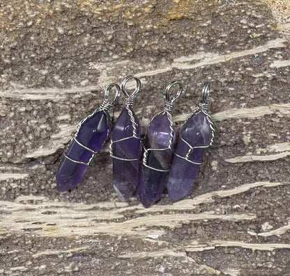 Gemstone Double Point Wire Wrapped Pendant (9-10x38-39mm) Amethyst, Crystal Quartz, Green Aventurine, Gold Sandstone, Obsidian, Rose Quartz, Tiger Eye