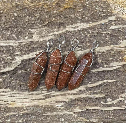 Gemstone Double Point Wire Wrapped Pendant (9-10x38-39mm) Amethyst, Crystal Quartz, Green Aventurine, Gold Sandstone, Obsidian, Rose Quartz, Tiger Eye