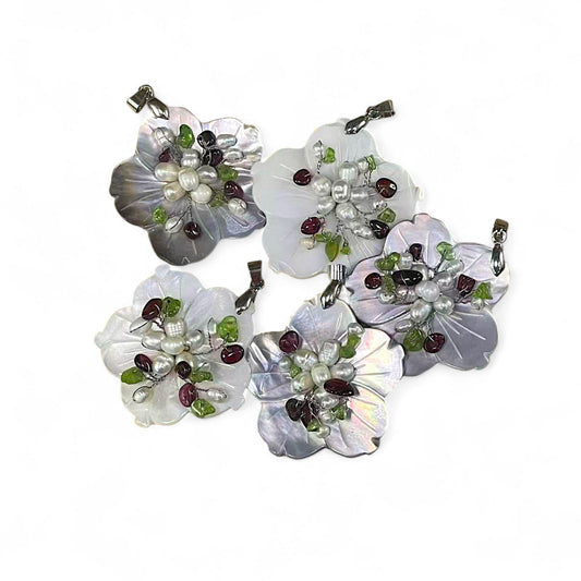 Pearl Flower shape Pendant, w/ wrapped potato Freshwater pearl, Garnet & Peridot Nuggets