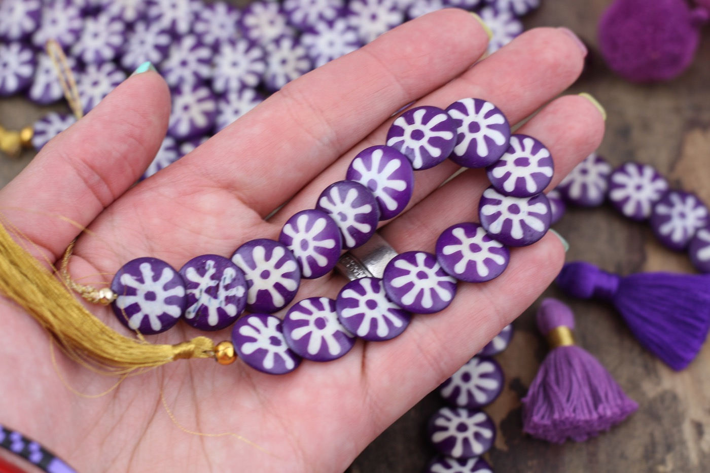 Cascading Sunburst Coin: Purple & White Painted Step Bone Beads, 16mm Charms