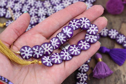 Cascading Sunburst Coin: Purple & White Painted Step Bone Beads, 16mm Charms