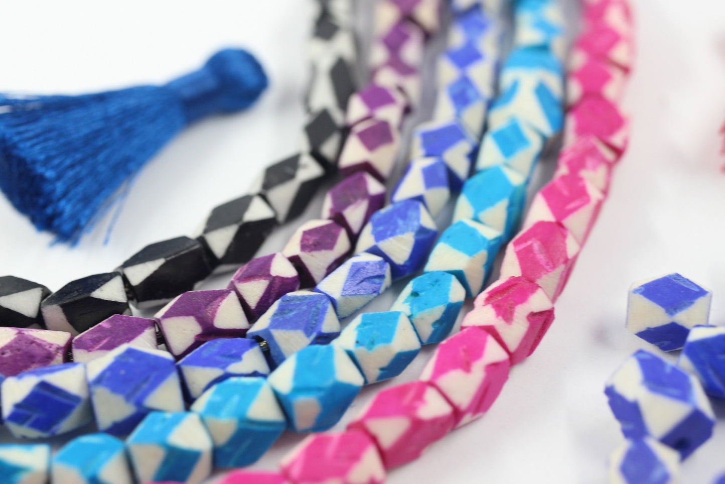 Argyle Faceted Geometric Bone Beads, Harlequin Charms, 7x8mm