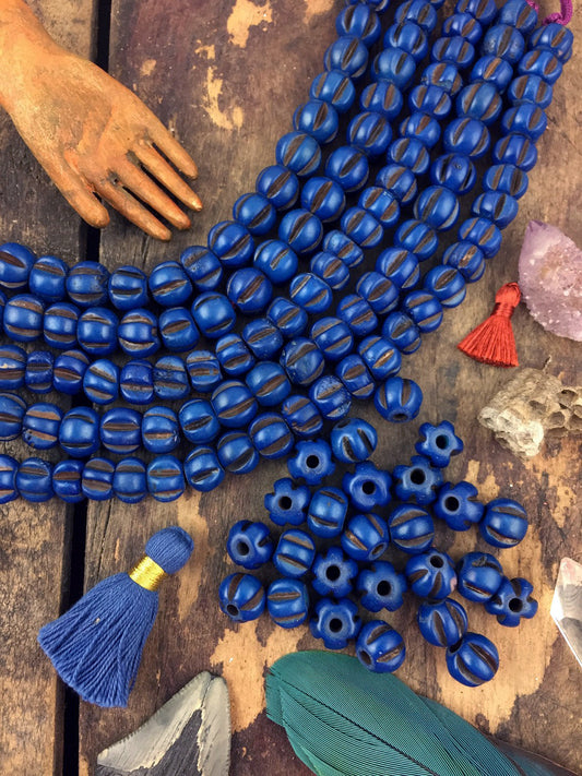 Blue Melon: Indigo Hand Carved Bone Beads, 7x9mm, 25 pieces