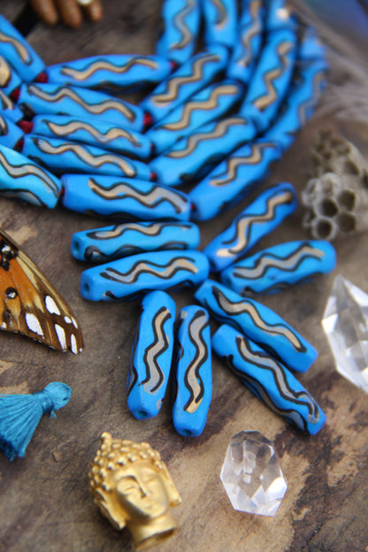Blue Squiggle Barrel: Hand Painted Bone Beads, 7x27mm, 8 pieces