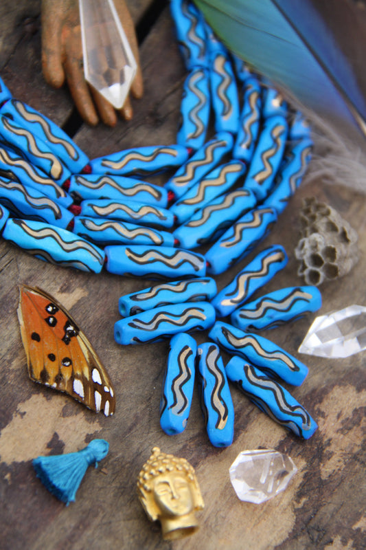 Blue Squiggle Barrel: Hand Painted Bone Beads, 7x27mm, 8 pieces