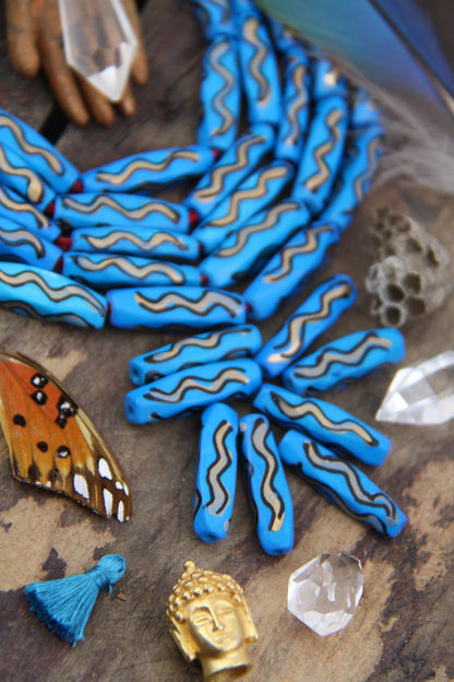 Blue Squiggle Barrel: Hand Painted Bone Beads, 7x27mm, 8 pieces