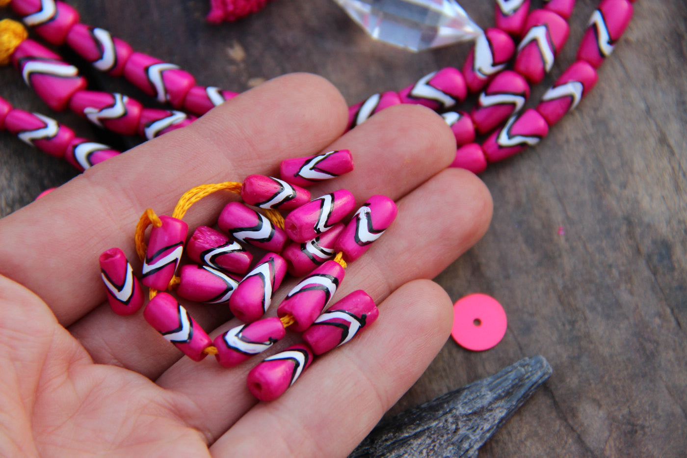 Bright Pink Teardrop: Handmade Bone Beads, 6x12mm, 16 Pieces