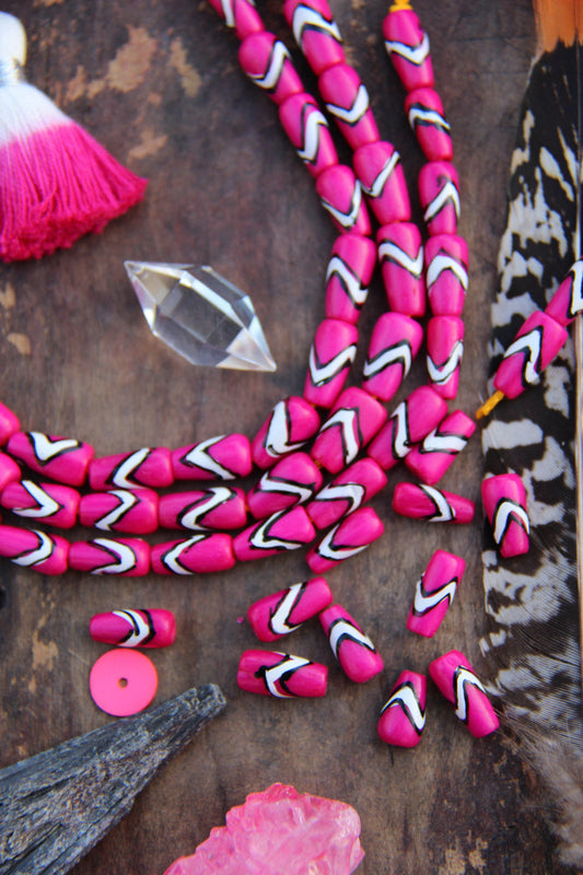 Bright Pink Teardrop: Handmade Bone Beads, 6x12mm, 16 Pieces